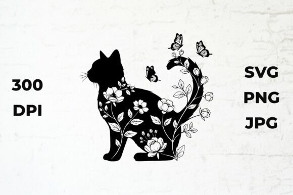 Black Cat Silhouette with Floral Design for Crafts and Graphics