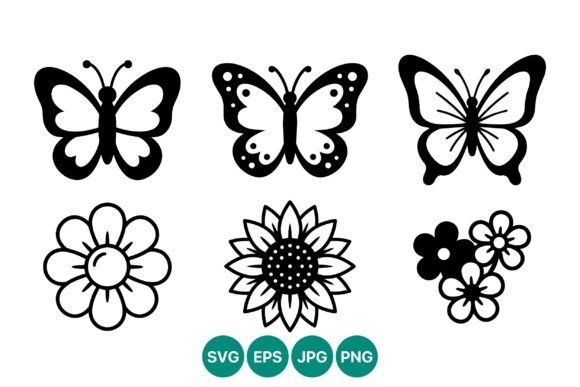 Black White Butterfly Flower Icons: Graphics & Illustrations
