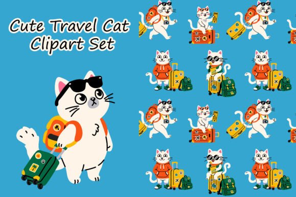 Cute Travel Cat Clipart: A Playful Graphic Design Asset