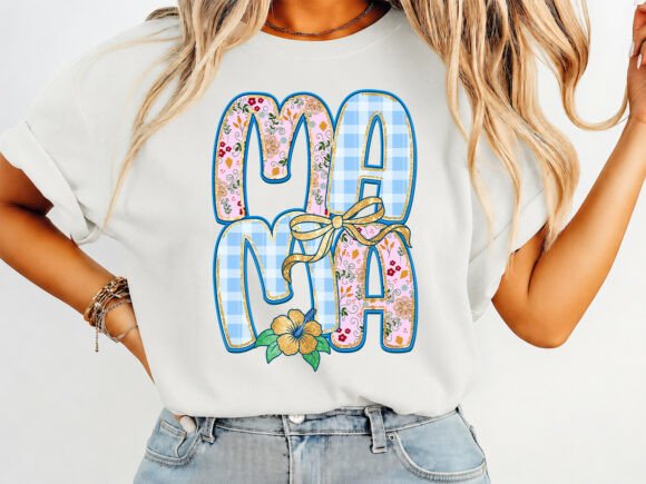 Mama Floral Gingham Bow T-Shirt Design Graphics